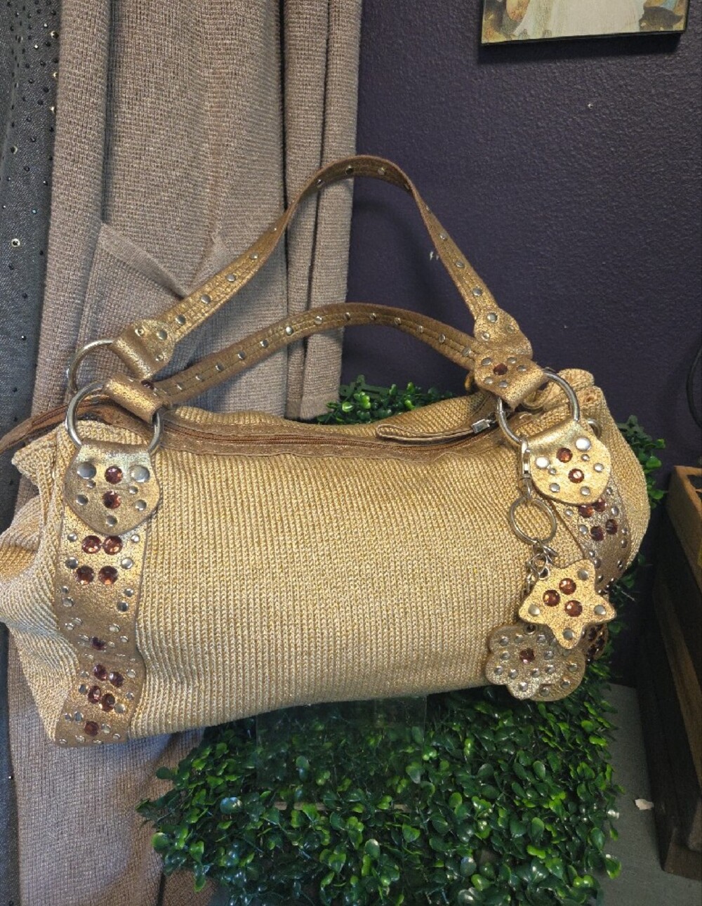 Side Cinch Sweater Studded Bag With Gold Thread & Matching Bag Charms -The Sak